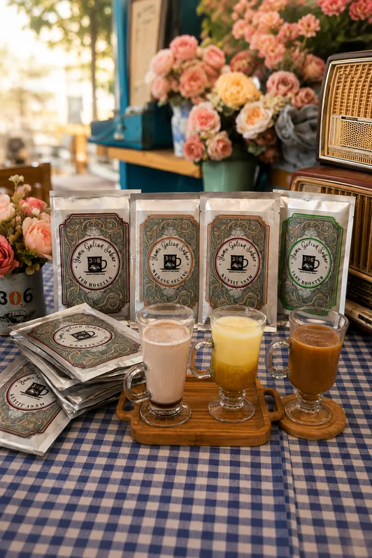 Tiga gelas minuman dan kemasan teh di atas meja kotak-kotak