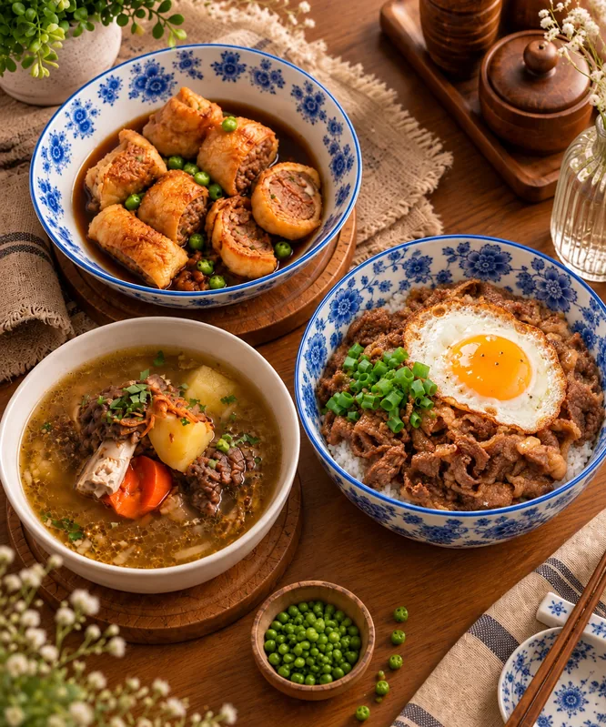 Hidangan hangat: gulungan berkuah, sop dan nasi daging sapi bertelur dalam mangkuk bermotif biru putih