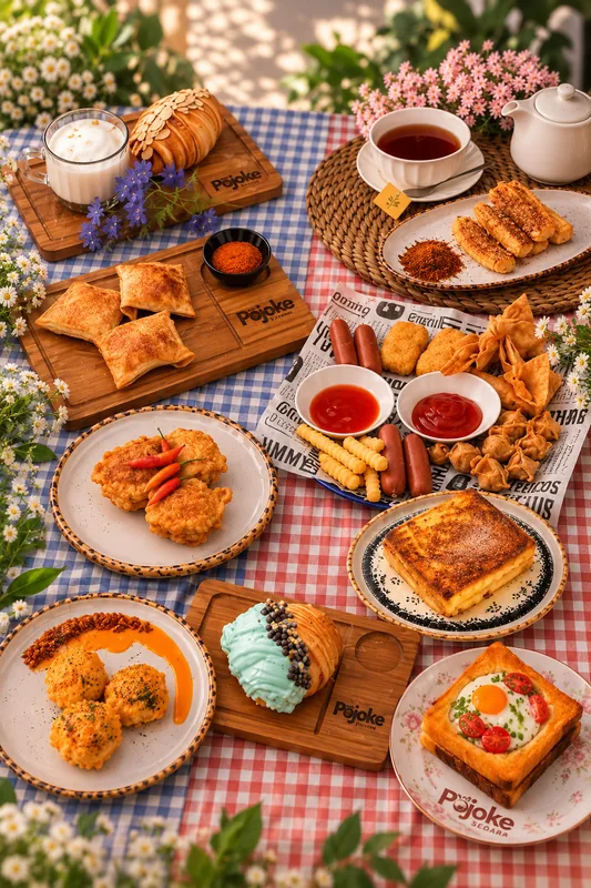 Aneka camilan gorengan, sosis, pastry, roti panggang dan sandwich telur di atas meja kotak-kotak